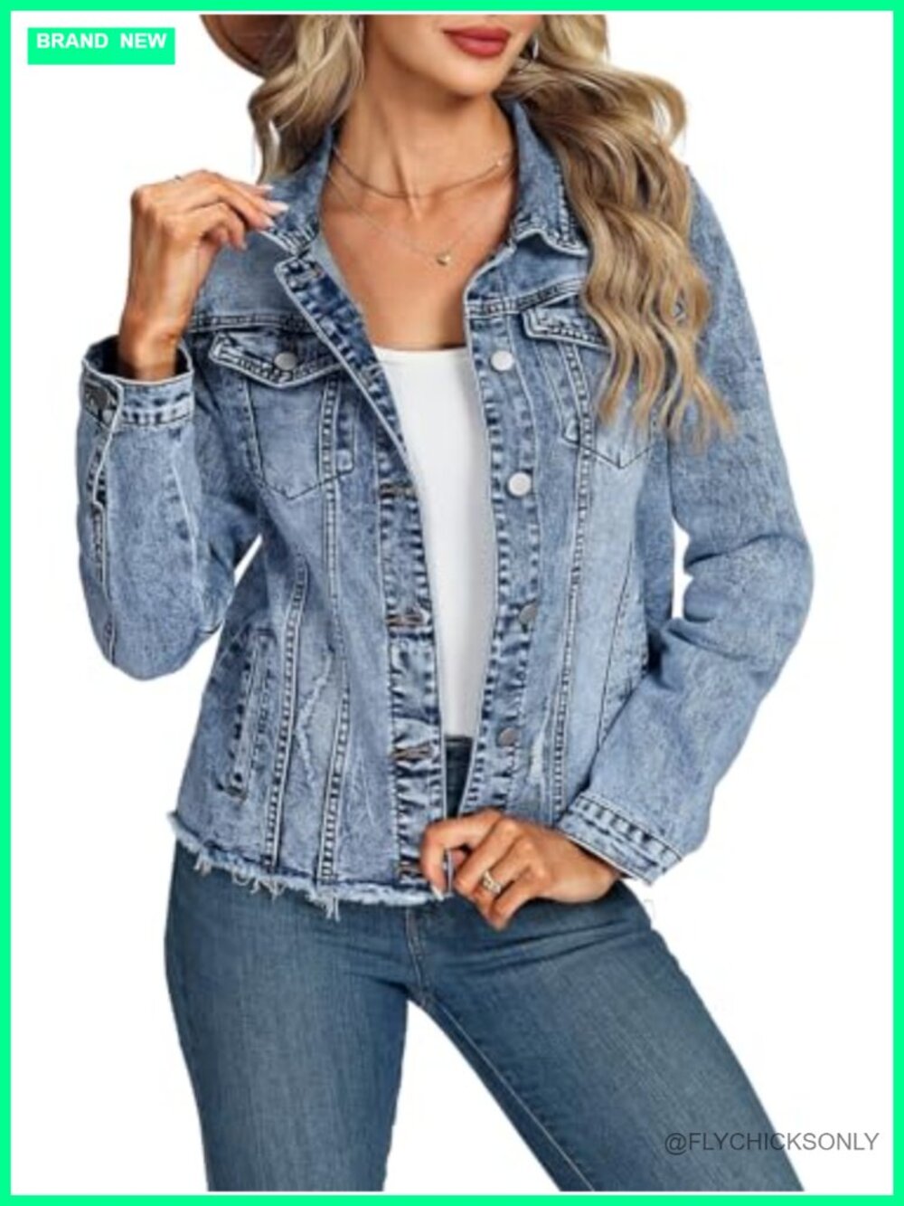 Women's Distressed Frayed Hem Denim Jacket Button Up Cotton Blend Trucker